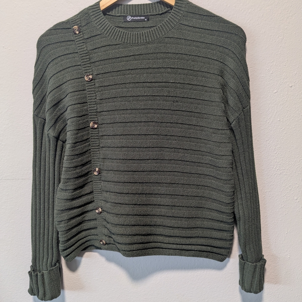 Green Button Striped Texture Sweater